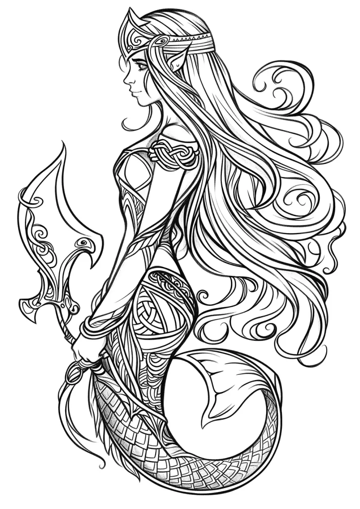a mermaid warrior with long flowing hair, wearing a decorative helmet and armor, holding a stylized axe, with intricate Celtic knot patterns throughout her attire and weapon. free adult coloring page 