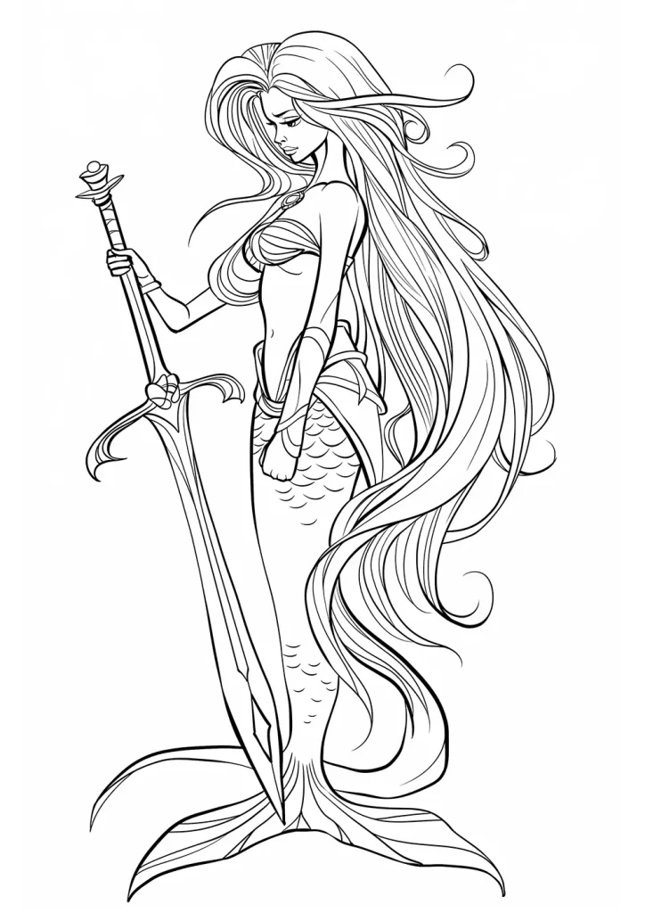A warrior mermaid with long flowing hair, holding a trident and a sword, sporting a serious expression and intricate detailing on her tail. free coloring page for adults.