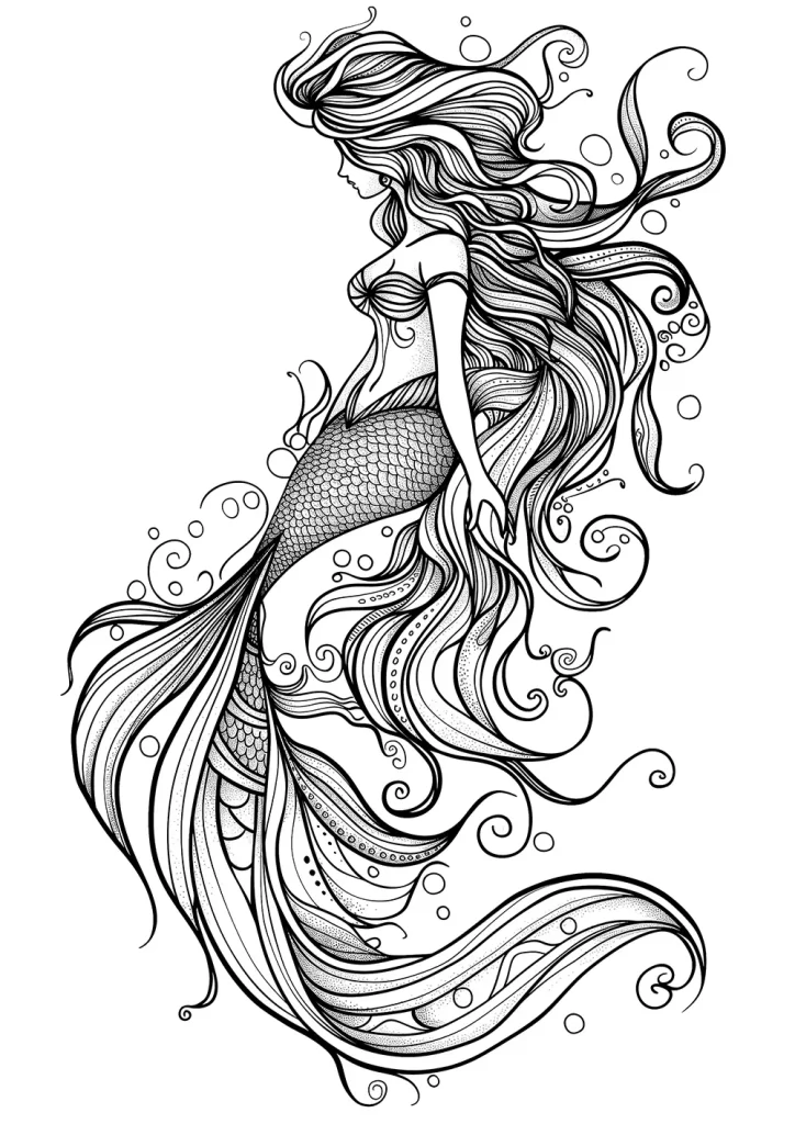 a mermaid with long flowing hair and a detailed scaly tail, surrounded by intricate water and wave patterns. free coloring page