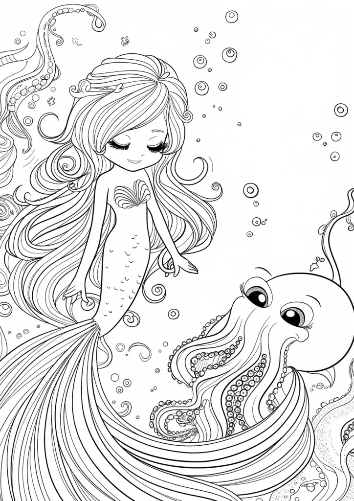 a mermaid with flowing hair and a scallop-shell top, floating alongside a friendly-looking octopus under the sea, surrounded by bubbles and intricate underwater floral designs. Free underwater cartoon coloring page for kids