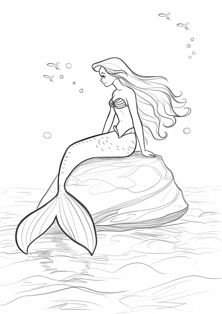 Line drawing of a mermaid sitting on a rock in the water, with flowing hair and a detailed tail, surrounded by small fish and bubbles. Free coloring page drawing